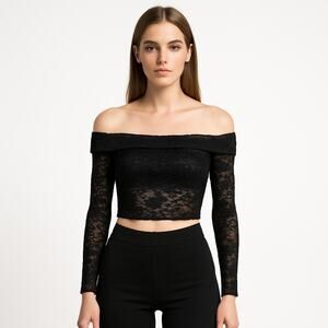 NEW Superdown Black Lace Floral Long Sleeve Off The Shoulder Crop Top Size XS